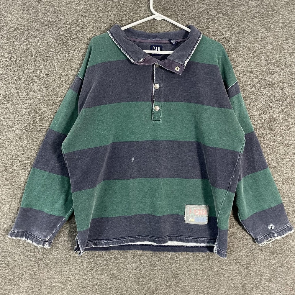Vintage Gap Rugby Polo Shirt Mens Large Green Navy Stripe Knit Long Sleeve 90s
